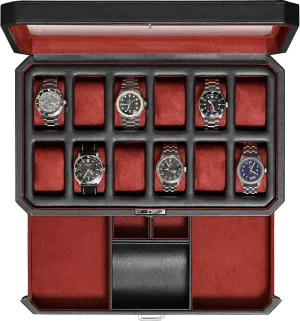 - 12 Slot Luxury Watch Case Display Organizer, Microsuede Liner, Mens Accessories Holder, Jewelry Case, Jewelry Display Organizer (Black/Red) ROTHWELL 12 Slot Leather Watch Box excite with Valet Drawer 