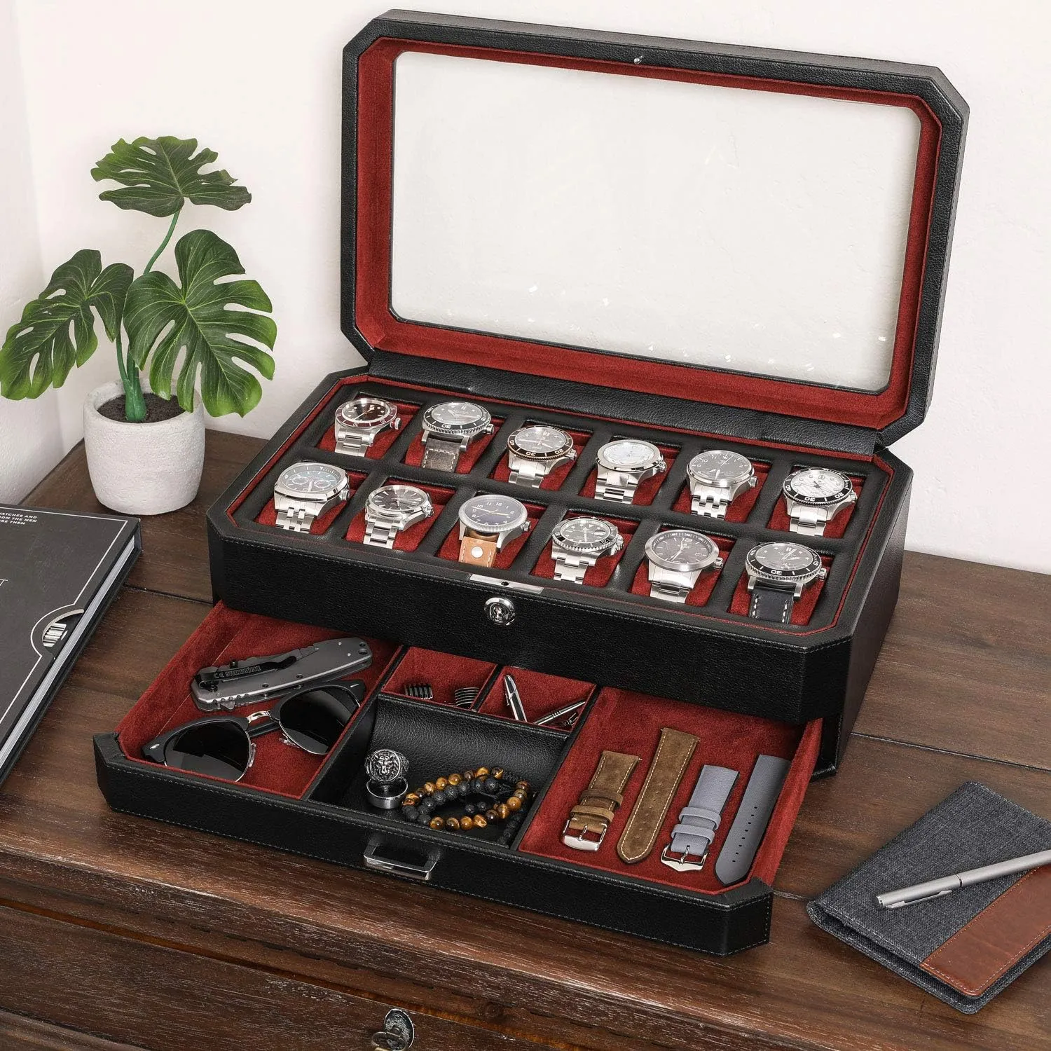 - 12 Slot Luxury Watch Case Display Organizer, Microsuede Liner, Mens Accessories Holder, Jewelry Case, Jewelry Display Organizer (Black/Red) ROTHWELL 12 Slot Leather Watch Box excite with Valet Drawer 