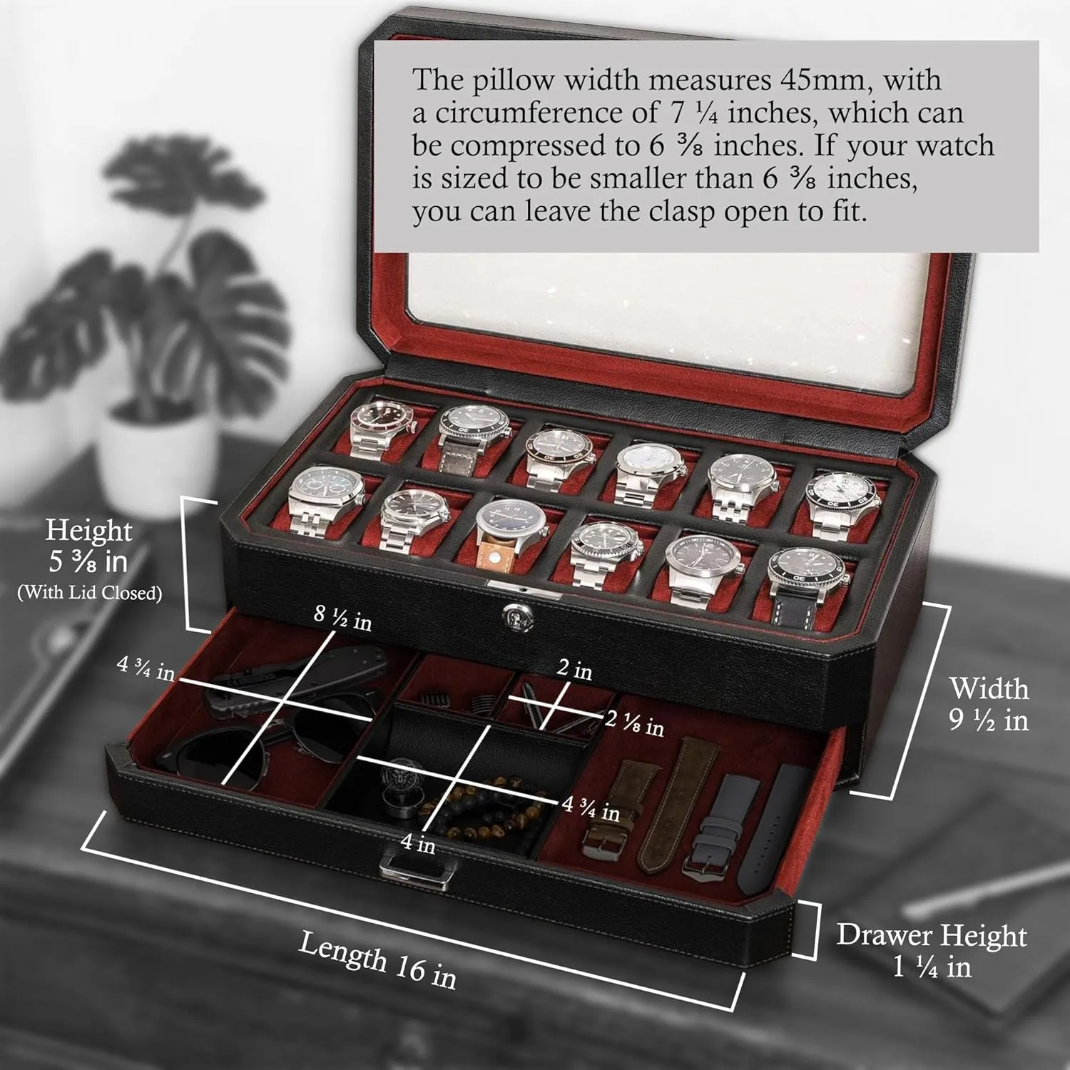 - 12 Slot Luxury Watch Case Display Organizer, Microsuede Liner, Mens Accessories Holder, Jewelry Case, Jewelry Display Organizer (Black/Red) ROTHWELL 12 Slot Leather Watch Box excite with Valet Drawer 