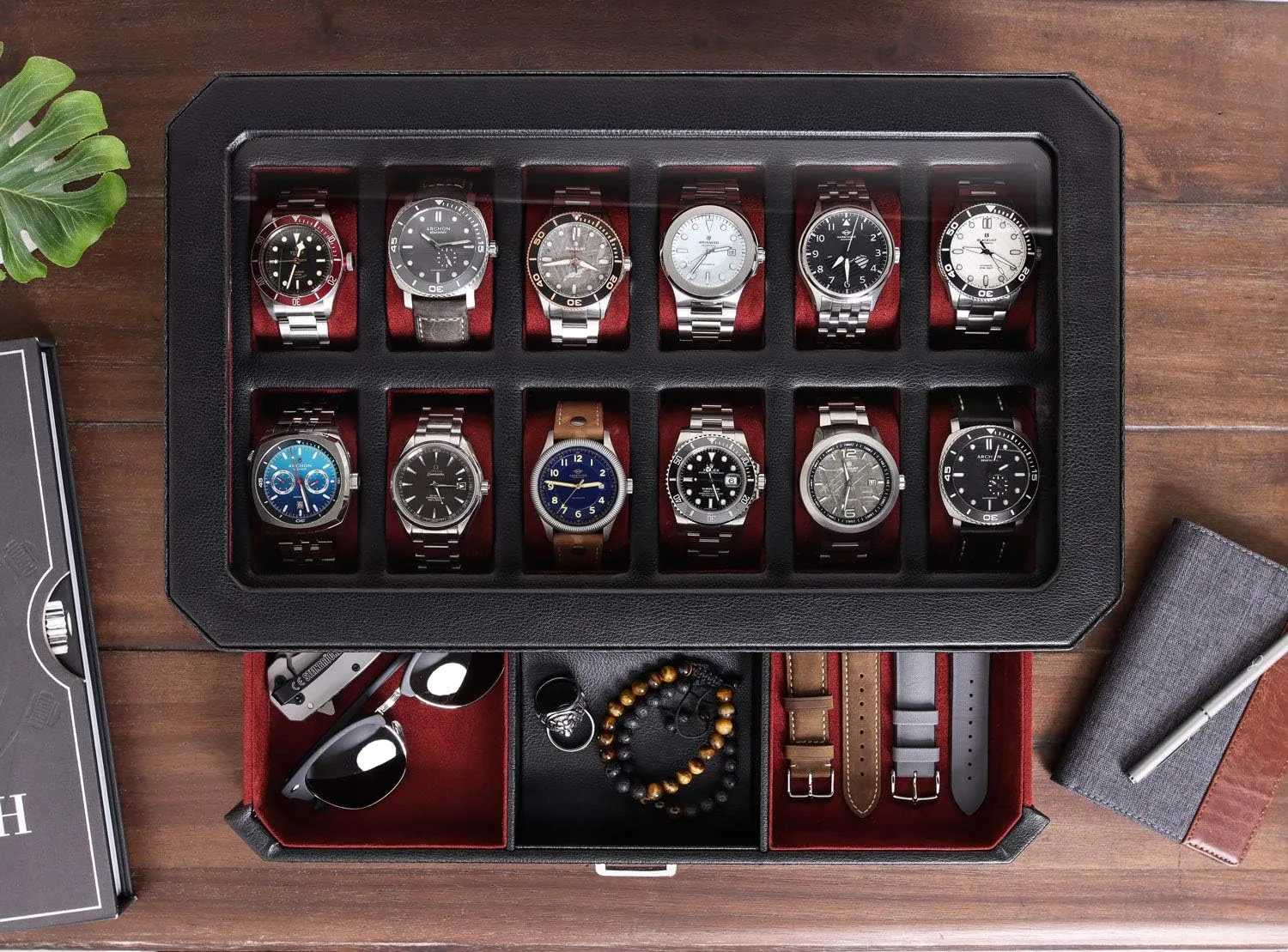 - 12 Slot Luxury Watch Case Display Organizer, Microsuede Liner, Mens Accessories Holder, Jewelry Case, Jewelry Display Organizer (Black/Red) ROTHWELL 12 Slot Leather Watch Box excite with Valet Drawer 