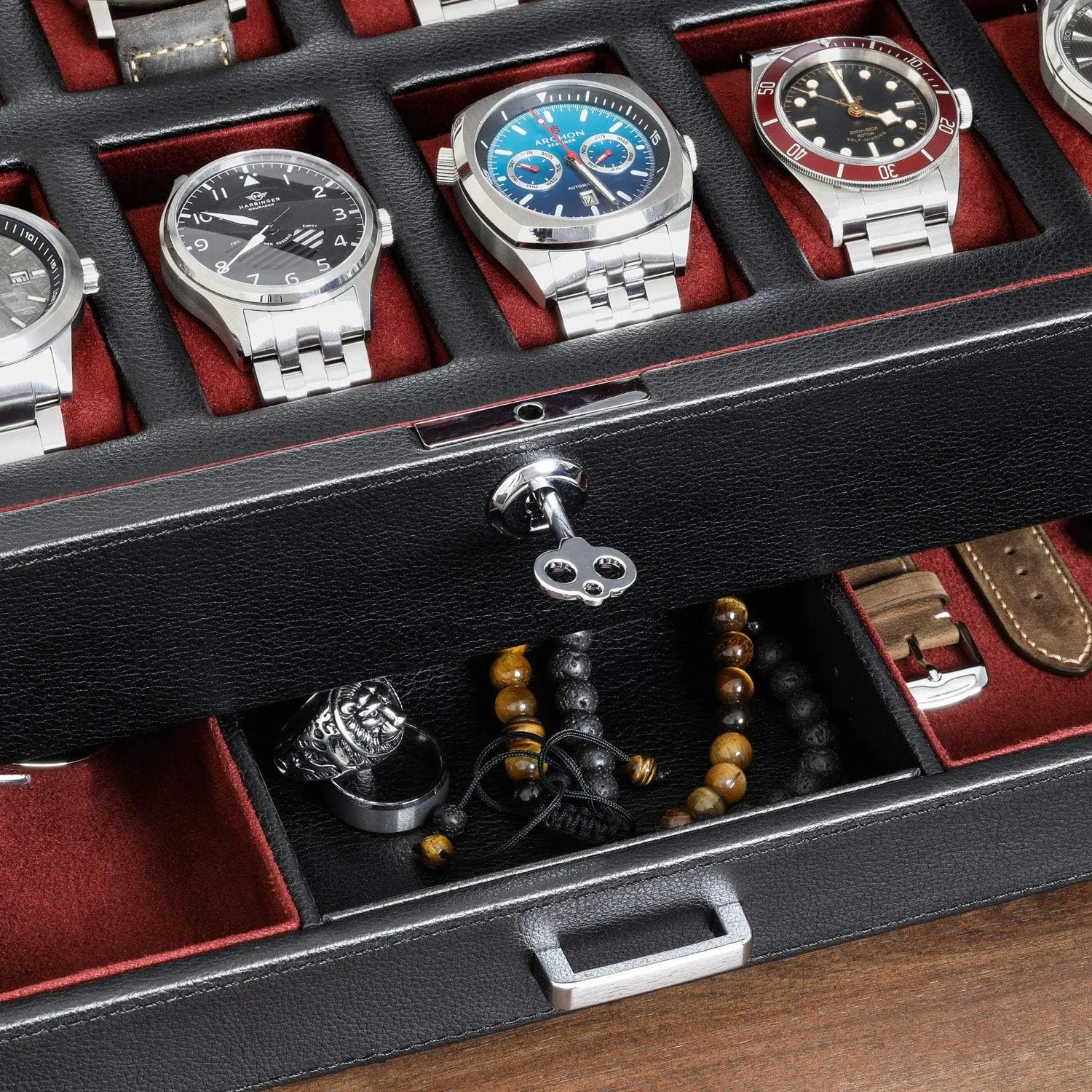 - 12 Slot Luxury Watch Case Display Organizer, Microsuede Liner, Mens Accessories Holder, Jewelry Case, Jewelry Display Organizer (Black/Red) ROTHWELL 12 Slot Leather Watch Box excite with Valet Drawer 