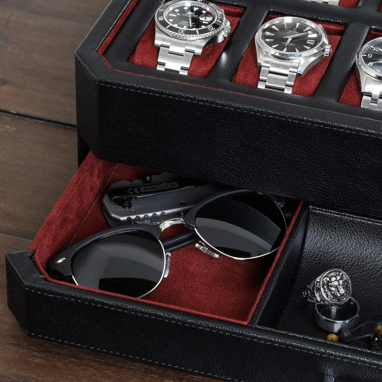 - 12 Slot Luxury Watch Case Display Organizer, Microsuede Liner, Mens Accessories Holder, Jewelry Case, Jewelry Display Organizer (Black/Red) ROTHWELL 12 Slot Leather Watch Box excite with Valet Drawer 
