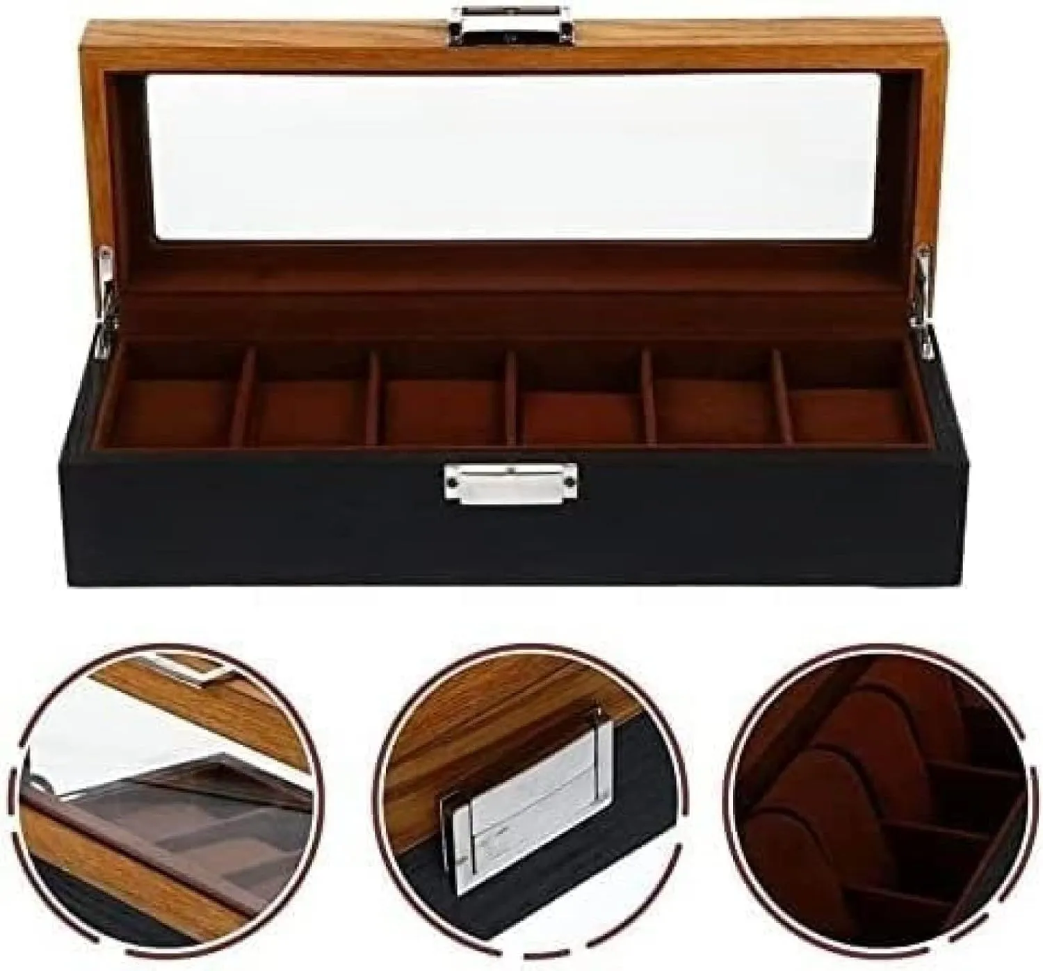- 12.38 X 4.32 X 3.14 Inch, Wooden Case for Men and Women's Watches litter margin Watch Box 6 Slots Retro Wood Watch Display Case Organizer Storage Holder 