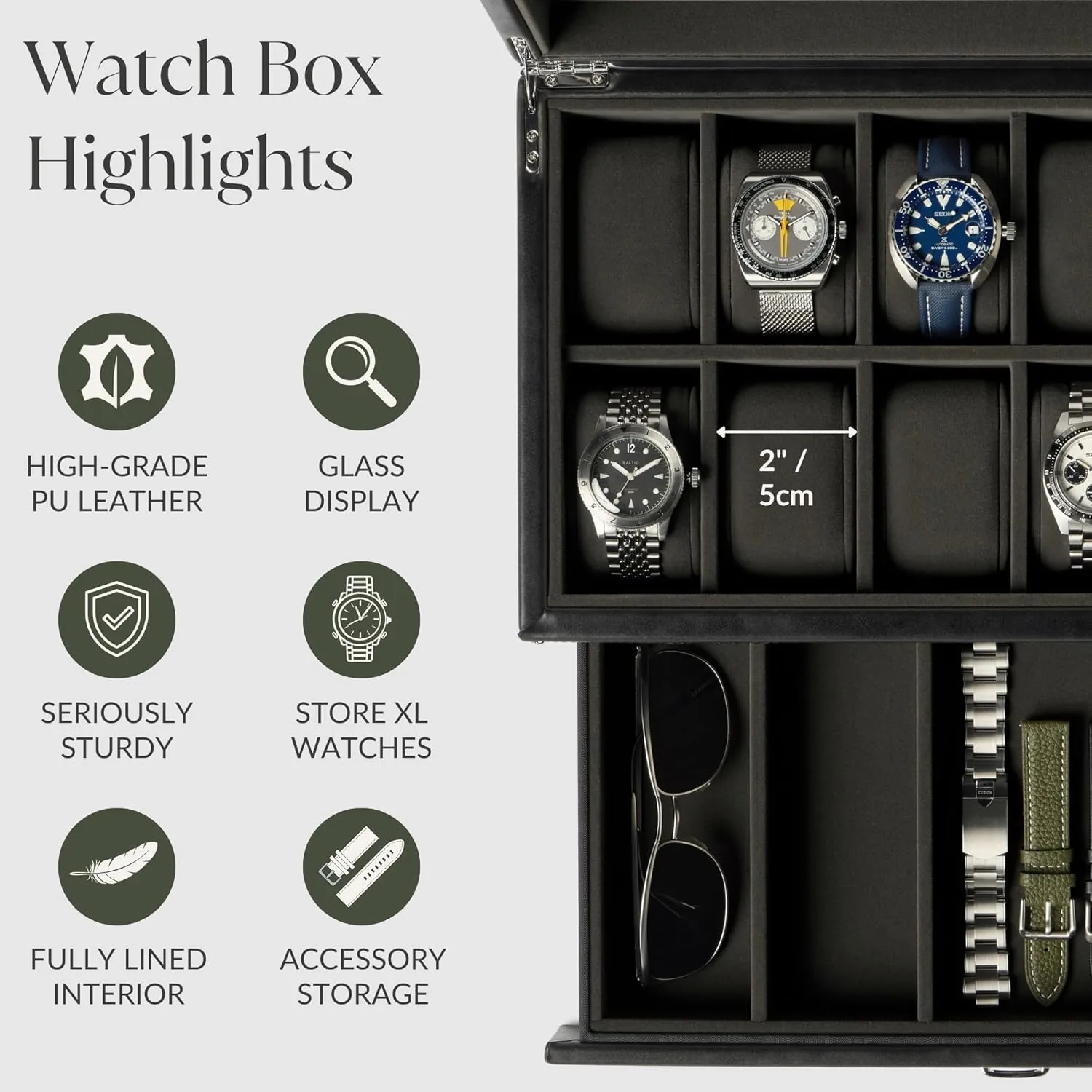 | Elevate Your Collection with this Premium Black PU Leather Watch Box crust perceptive for Men | Easy One-hand Opening, Plush Velveteen Interior (Black/Charcoal) TAWBURY 12 Slot Watch Box with Storage Drawer 