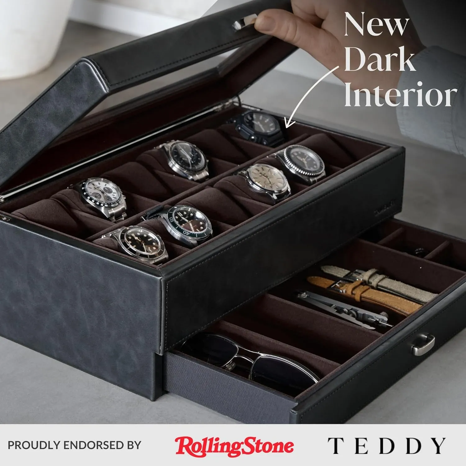 | Elevate Your Collection with this Premium Black PU Leather Watch Box crust perceptive for Men | Easy One-hand Opening, Plush Velveteen Interior (Black/Charcoal) TAWBURY 12 Slot Watch Box with Storage Drawer 