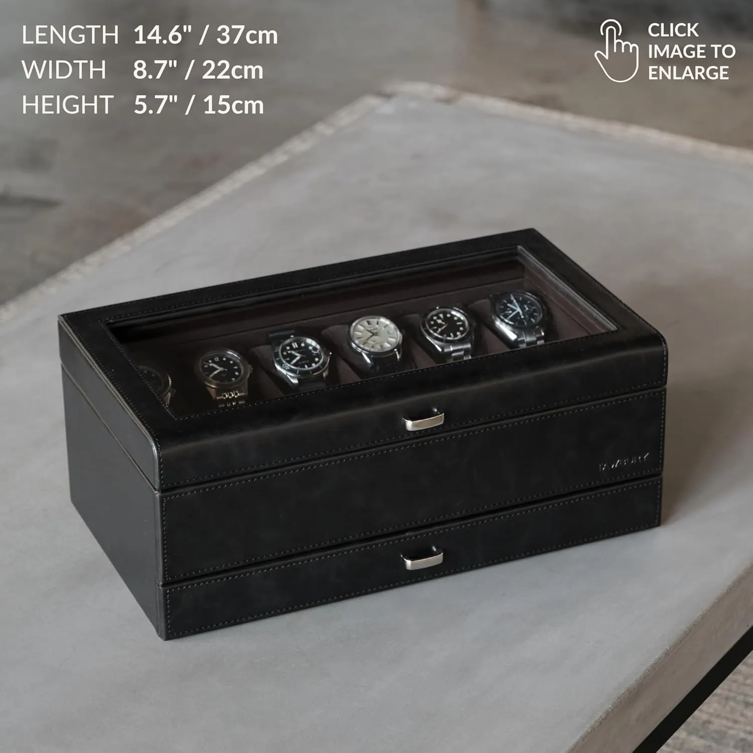 | Elevate Your Collection with this Premium Black PU Leather Watch Box crust perceptive for Men | Easy One-hand Opening, Plush Velveteen Interior (Black/Charcoal) TAWBURY 12 Slot Watch Box with Storage Drawer 