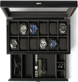 | Elevate Your Collection with this Premium Black PU Leather Watch Box crust perceptive for Men | Easy One-hand Opening, Plush Velveteen Interior (Black/Charcoal) TAWBURY 12 Slot Watch Box with Storage Drawer 