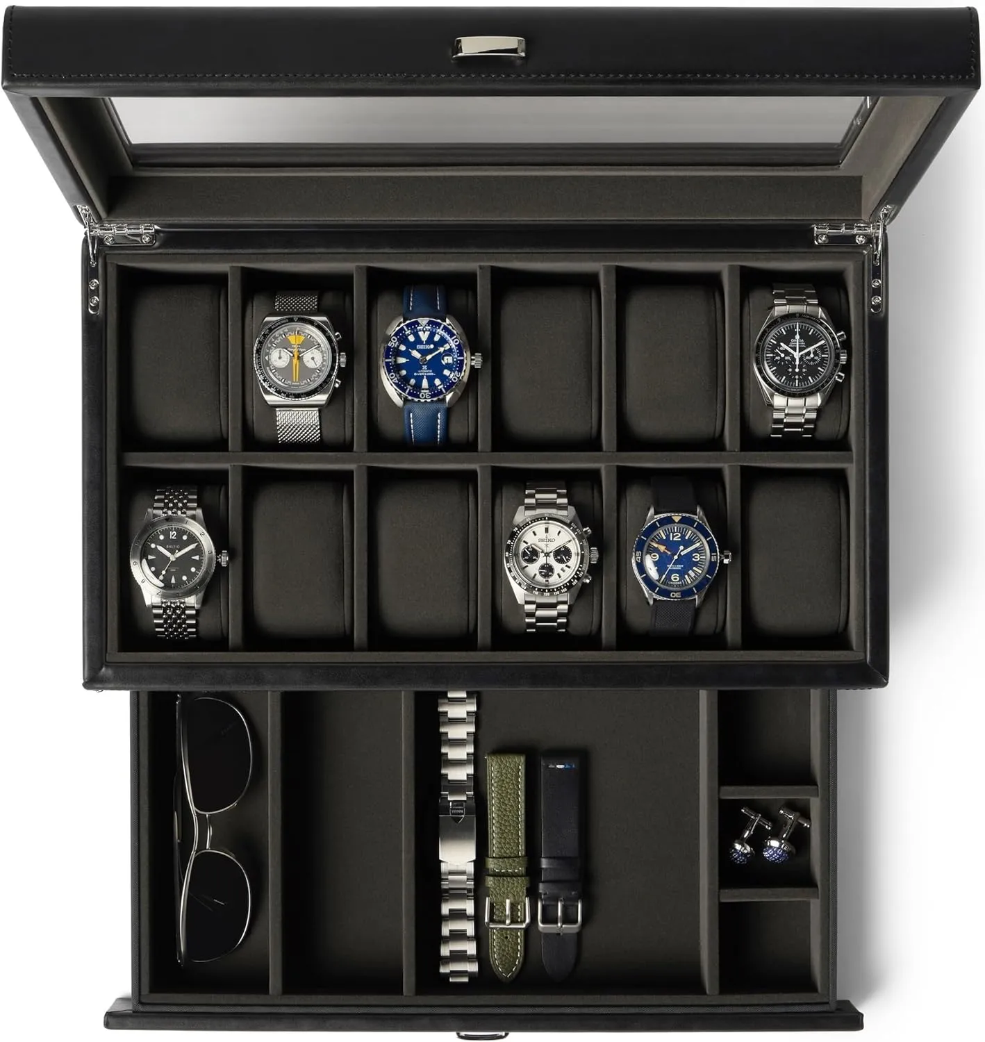 | Elevate Your Collection with this Premium Black PU Leather Watch Box crust perceptive for Men | Easy One-hand Opening, Plush Velveteen Interior (Black/Charcoal) TAWBURY 12 Slot Watch Box with Storage Drawer 