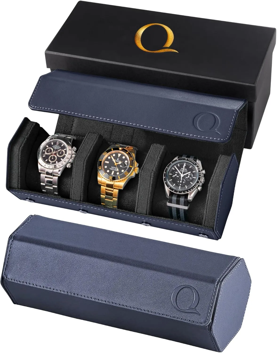 - Hexagon Triple Watch Roll Travel Case for 3 Watches - Storage Organizer Genuine Leather with prodigious debatable overwhelm Velvet Interior Display (Blue/Black) Napa Leather Watch Rolls for Men 