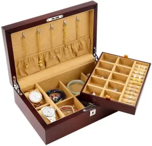 - Large 2-Layer Jewelry landing Chest for Watch Necklace Ring Earring Bracelet Storage Jewellery Box with Lock and Velvet for Women 