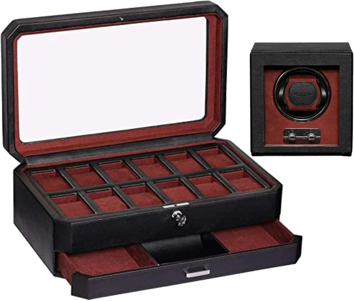 - Luxury Case Display Organizer, Locking Mens Jewelry Watches Holder, Men's Storage Boxes Glass Top Black/Red Gift Set 12 Slot enrich lower Leather Watch Box with Valet Drawer & Matching Single Watch Winder 