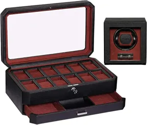 - Luxury Case Display Organizer, Locking Mens Jewelry Watches Holder, Men's Storage Boxes Glass Top Black/Red Gift Set 12 Slot enrich lower Leather Watch Box with Valet Drawer & Matching Single Watch Winder 
