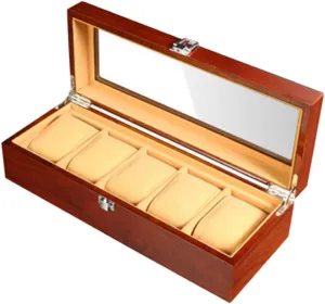 - Wooden basic sodium hospitable bloom reputation with Transparent top Cover Watch Display Box with Detachable Watch mat and Metal Lock Storage Box 5 Slots 