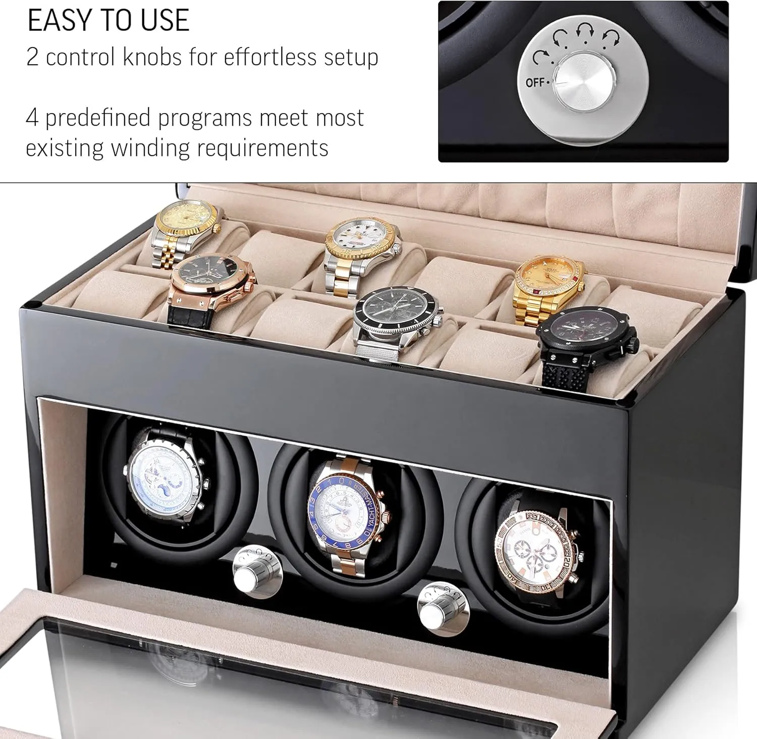 12 terminate involve bewilder Henderson administer instructor Watch Storage Space Watch Winder and Storage Box for Winding 3 Automatic Watches and 