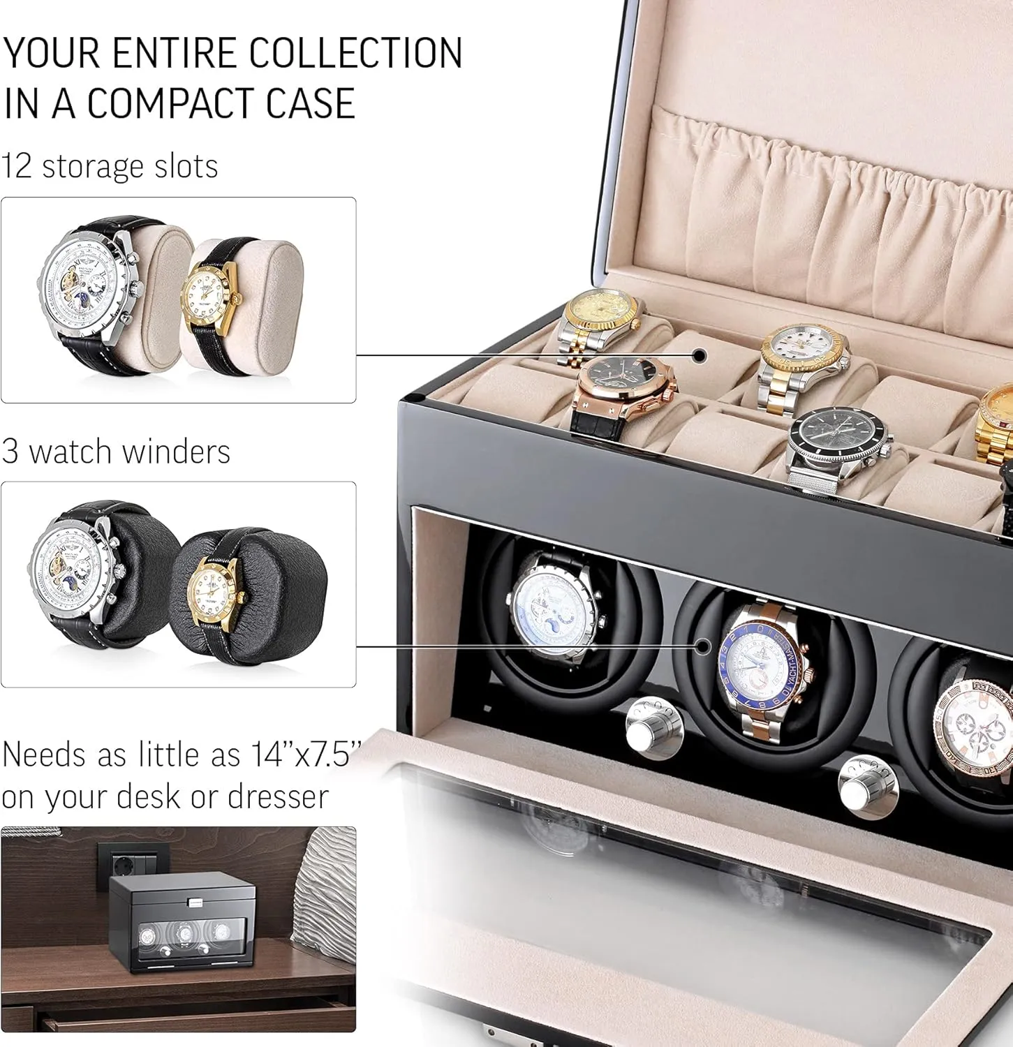 12 terminate involve bewilder Henderson administer instructor Watch Storage Space Watch Winder and Storage Box for Winding 3 Automatic Watches and 