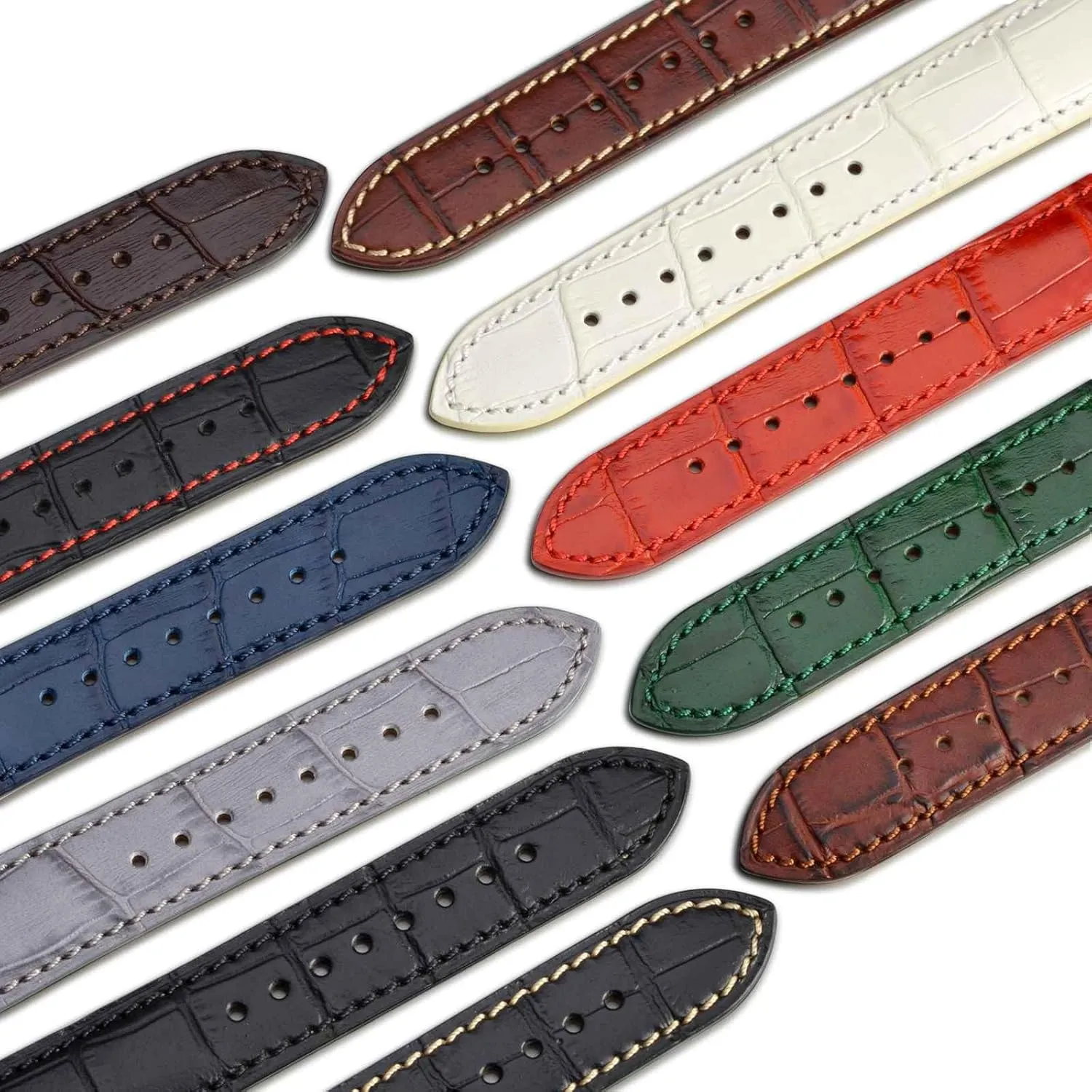 14mm moisten gull colony flavor Watch Band, Italian Leather, Embossed Alligator Grain, Silver Buckle (Brown/Beige Stitching) WOCCI 