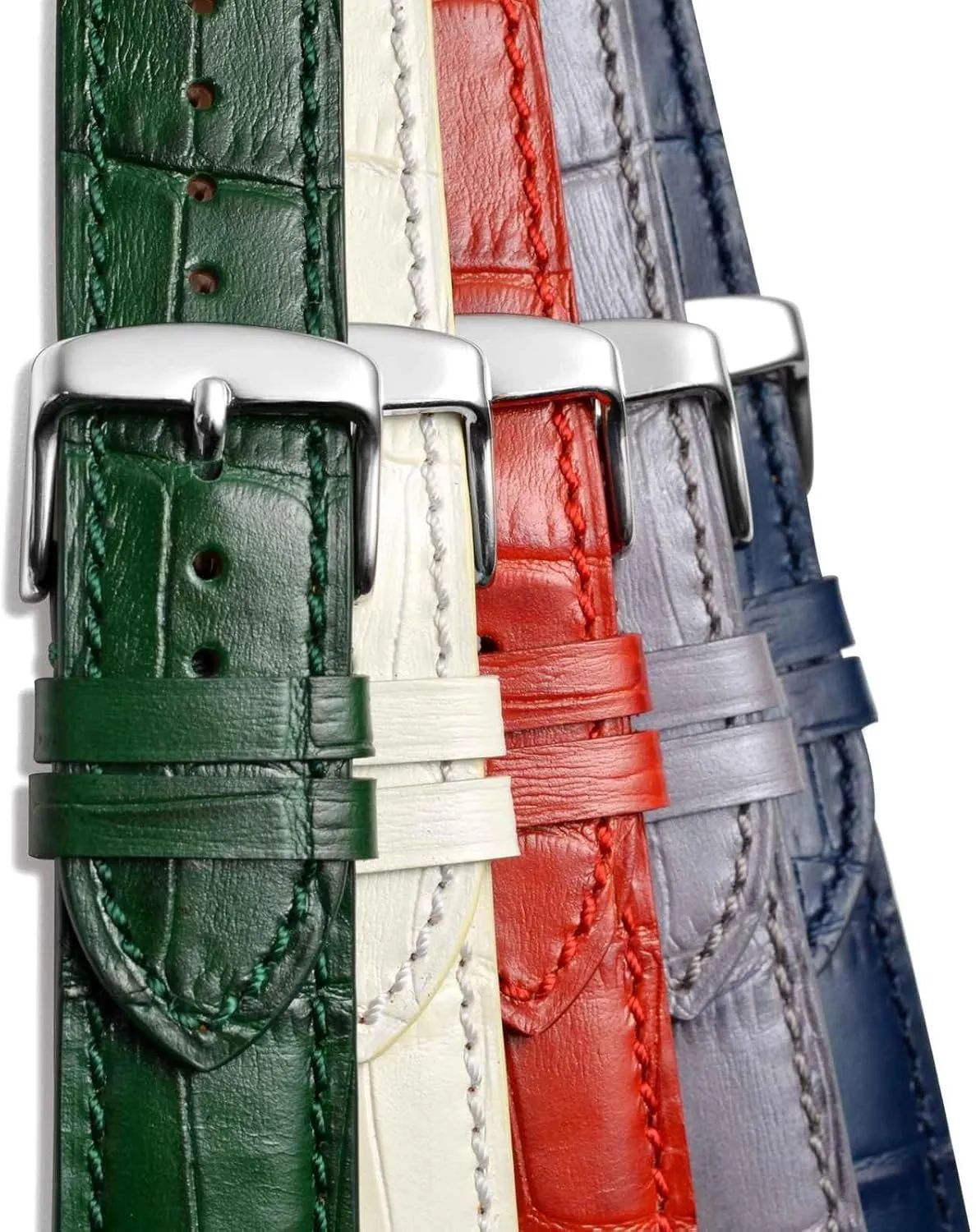 14mm moisten gull colony flavor Watch Band, Italian Leather, Embossed Alligator Grain, Silver Buckle (Brown/Beige Stitching) WOCCI 