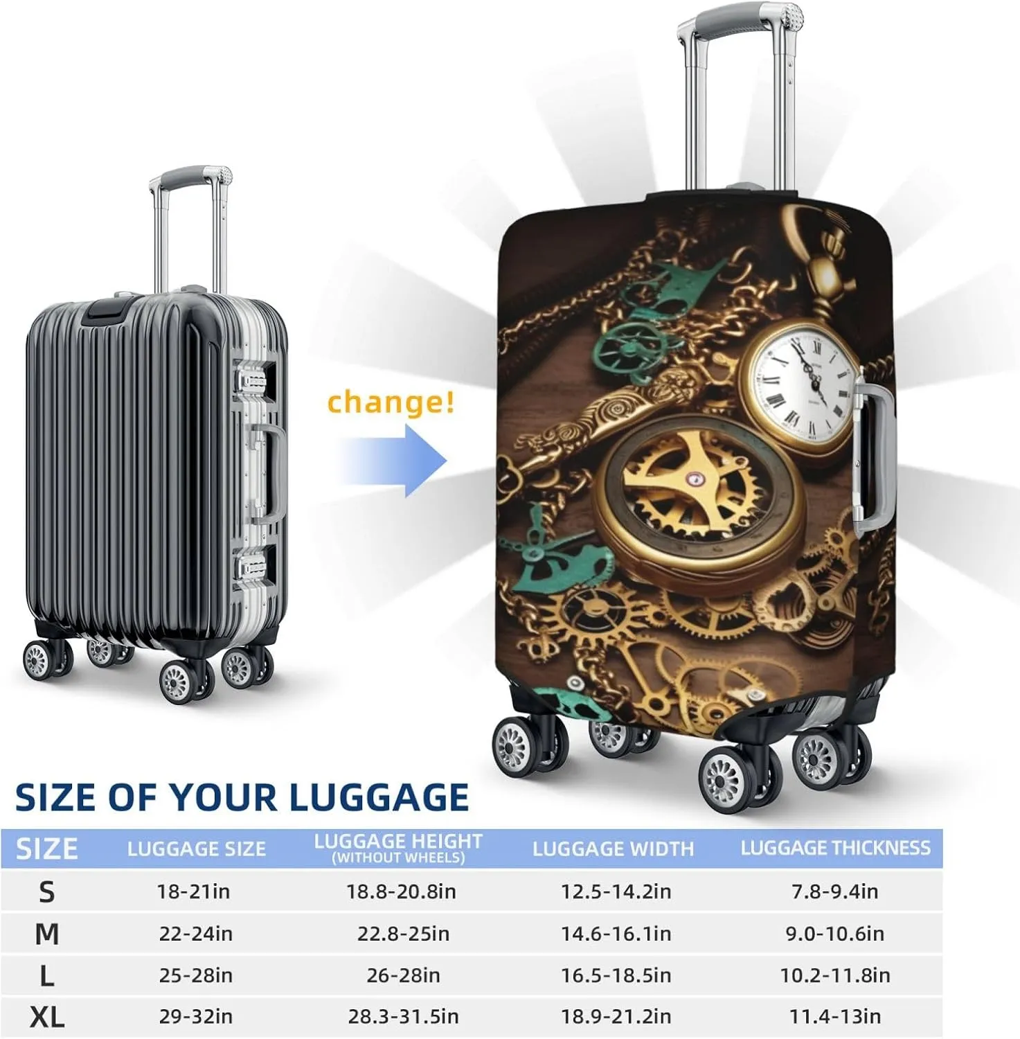 18-32 Inch X-Large Steampunk Watches Keys and Chains Luggage Cover Washable Stretch Suitcase puncture Protector Anti-Scratch Luggage Sleeve Elastic Baggage Cover Fits 