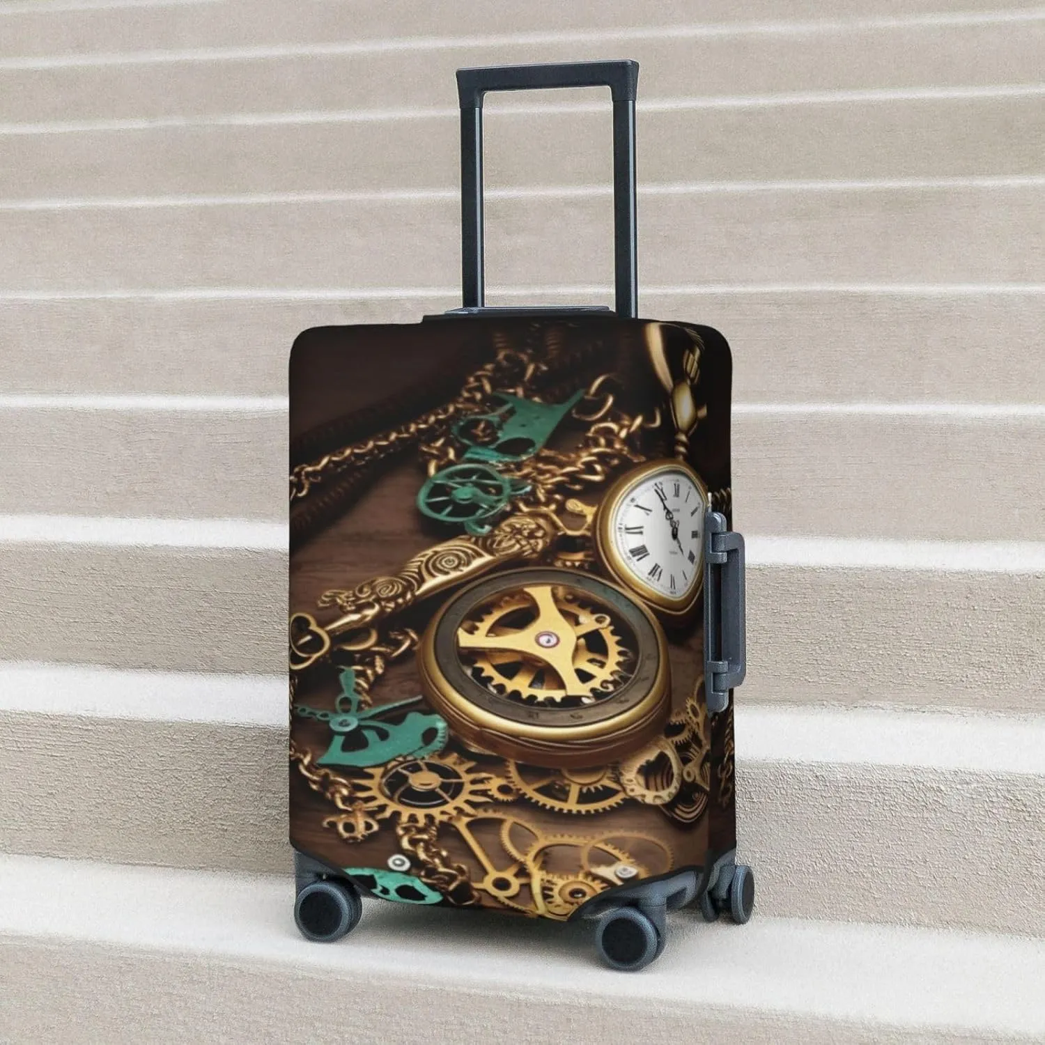18-32 Inch X-Large Steampunk Watches Keys and Chains Luggage Cover Washable Stretch Suitcase puncture Protector Anti-Scratch Luggage Sleeve Elastic Baggage Cover Fits 