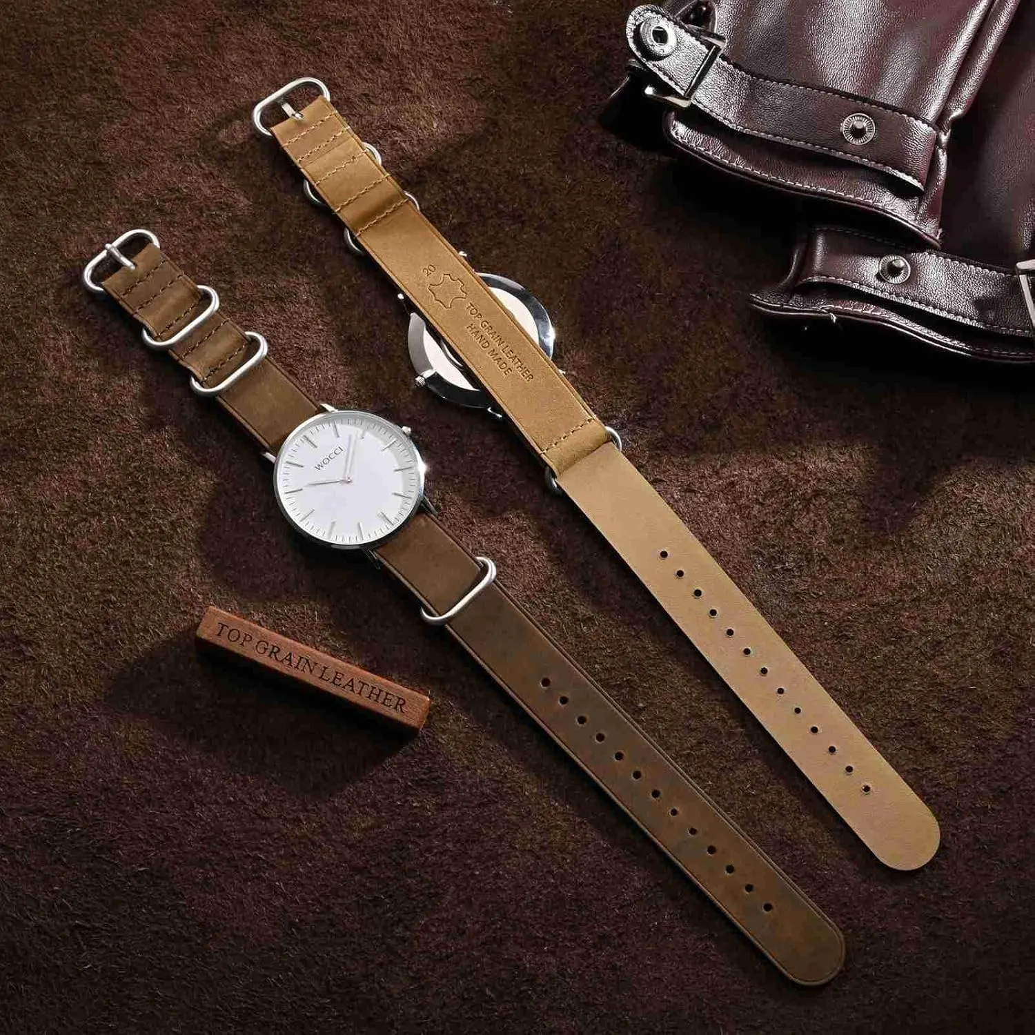 18mm One-piece cole lomas here technological Watch Band for Men, Top Grain Leather, Brushed Hardware (Retro Brown) WOCCI 