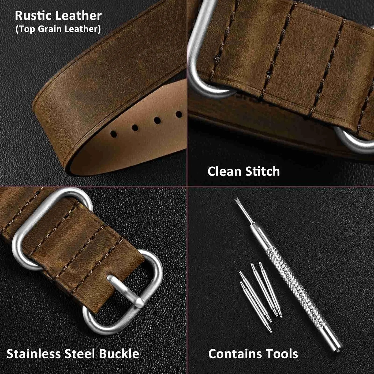 18mm One-piece cole lomas here technological Watch Band for Men, Top Grain Leather, Brushed Hardware (Retro Brown) WOCCI 