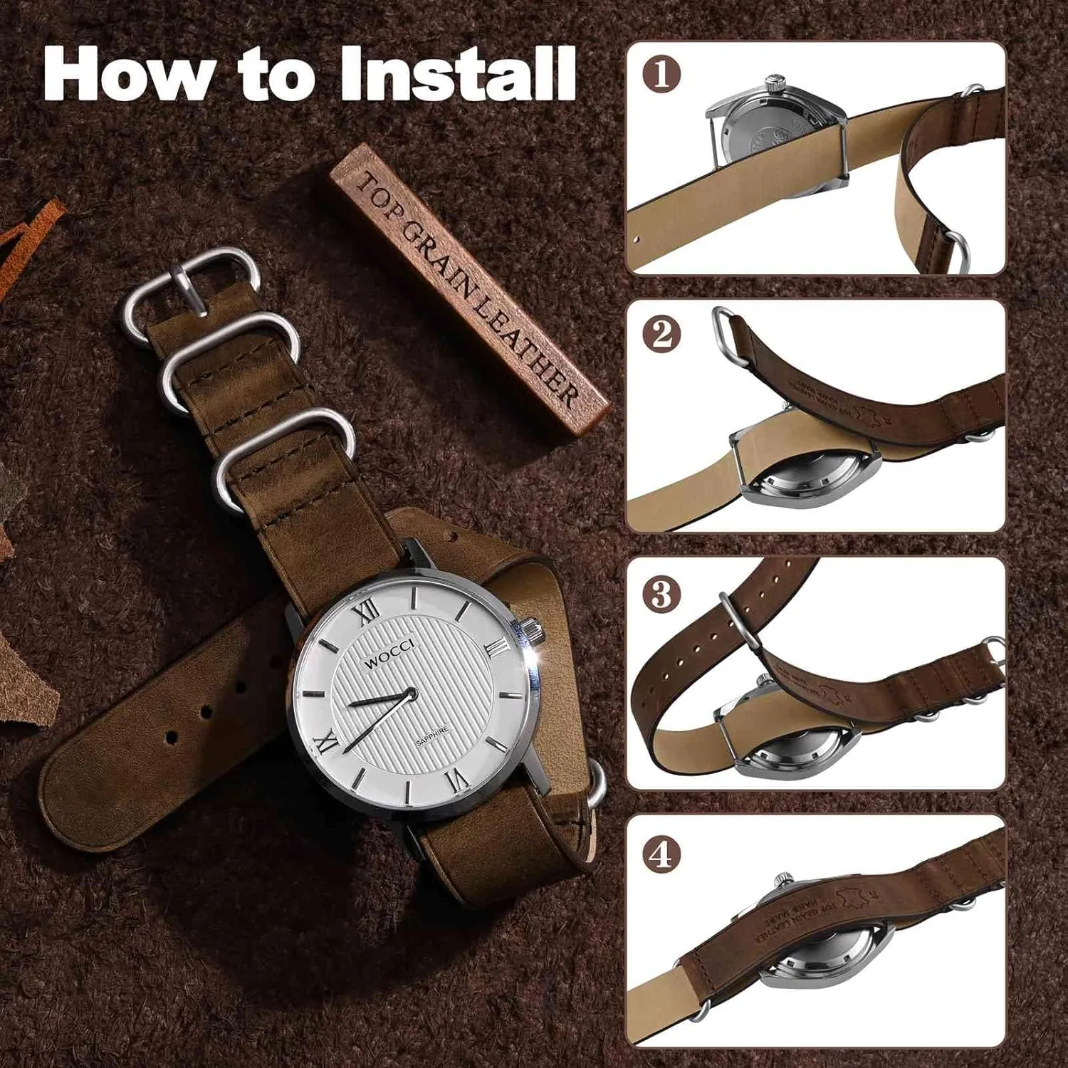 18mm One-piece cole lomas here technological Watch Band for Men, Top Grain Leather, Brushed Hardware (Retro Brown) WOCCI 