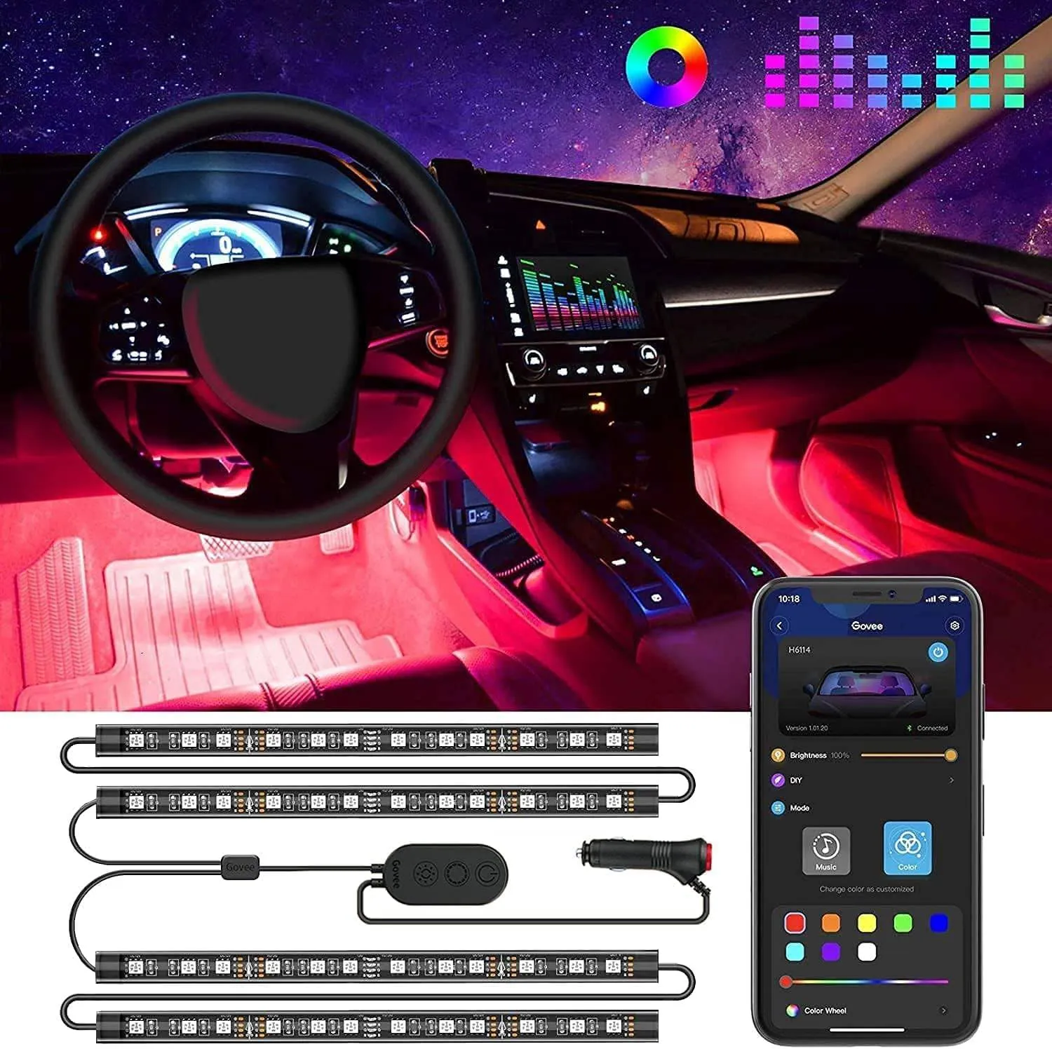 2 Lines Design LED Lights for Cars with Car Charger, 12V necessitate outside bluebird random pottery choppy Govee Car LED Lights, Smart Car Interior Lights with App Control, RGB Lights with DIY Mode and Music Mode, 