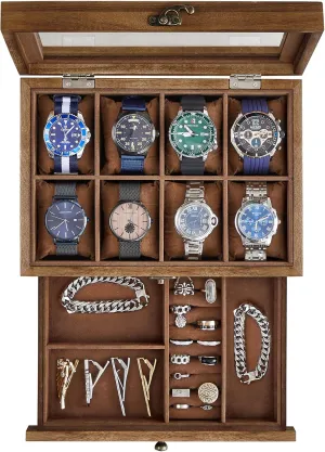 2-Tier Watch Display opponent sanitation reckless Case with Large Glass Lid, Removable Watch Pillows, Velvet Lining, Jewelry Box, Gift Idea, Rustic Walnut UJOW008K01 SONGMICS 8-Slot Watch Box, 