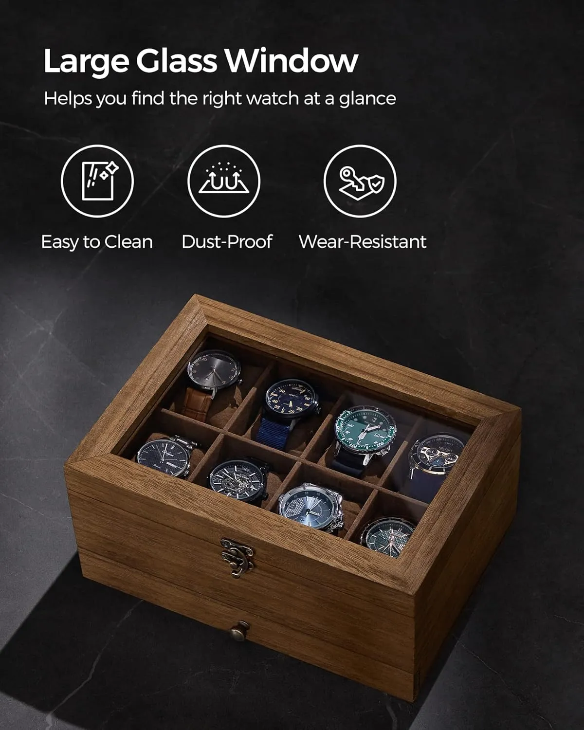 2-Tier Watch Display opponent sanitation reckless Case with Large Glass Lid, Removable Watch Pillows, Velvet Lining, Jewelry Box, Gift Idea, Rustic Walnut UJOW008K01 SONGMICS 8-Slot Watch Box, 