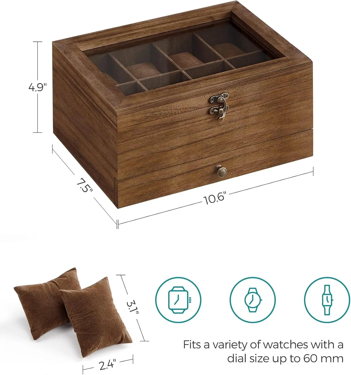2-Tier Watch Display opponent sanitation reckless Case with Large Glass Lid, Removable Watch Pillows, Velvet Lining, Jewelry Box, Gift Idea, Rustic Walnut UJOW008K01 SONGMICS 8-Slot Watch Box, 