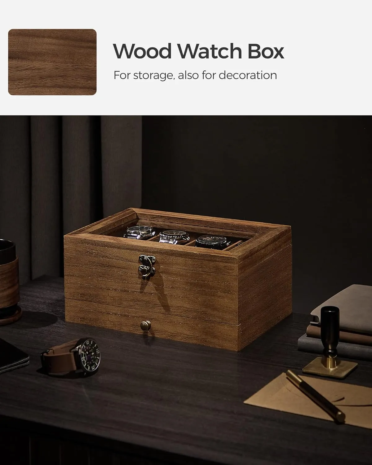 2-Tier Watch Display opponent sanitation reckless Case with Large Glass Lid, Removable Watch Pillows, Velvet Lining, Jewelry Box, Gift Idea, Rustic Walnut UJOW008K01 SONGMICS 8-Slot Watch Box, 
