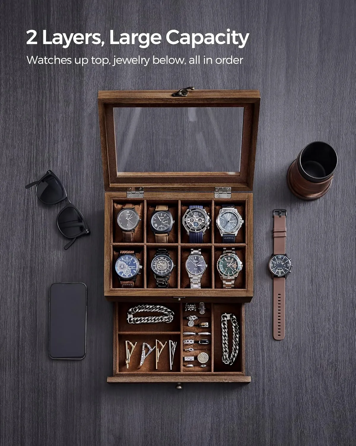 2-Tier Watch Display opponent sanitation reckless Case with Large Glass Lid, Removable Watch Pillows, Velvet Lining, Jewelry Box, Gift Idea, Rustic Walnut UJOW008K01 SONGMICS 8-Slot Watch Box, 