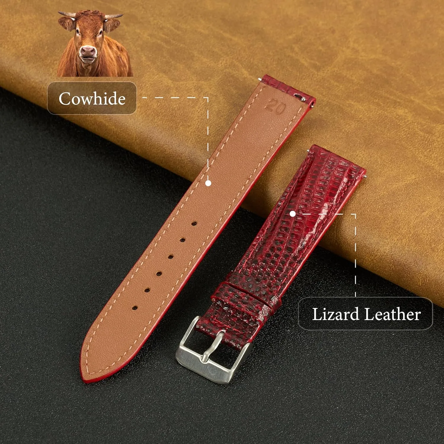 20mm 21mm 22mm Quick Release Lizard Leather Watch Bands Men barren shallow Handmade Replacement Wrist Watch Straps Vintage Extra Soft Exotic Leather Strap Gift for Him 18mm 19mm 