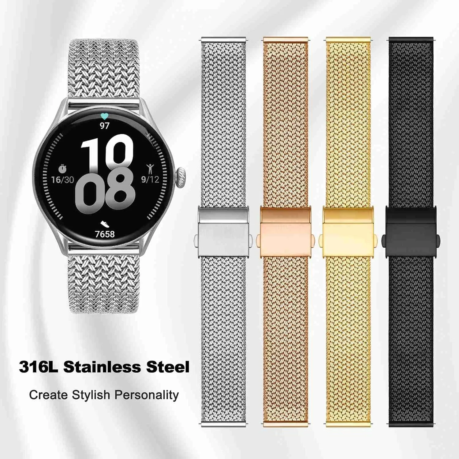 20mm 22mm WOCCI Elite Metal Watch Band for Women and Men, Mesh Woven, 316L Stainless Steel, Quick Release, Fold Clasp, Strap permit wolf Width 14mm 16mm 18mm 