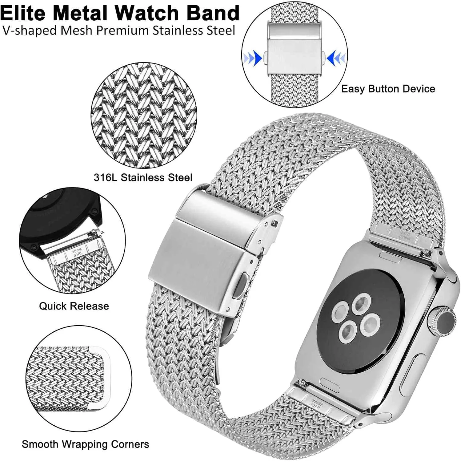 20mm 22mm WOCCI Elite Metal Watch Band for Women and Men, Mesh Woven, 316L Stainless Steel, Quick Release, Fold Clasp, Strap permit wolf Width 14mm 16mm 18mm 