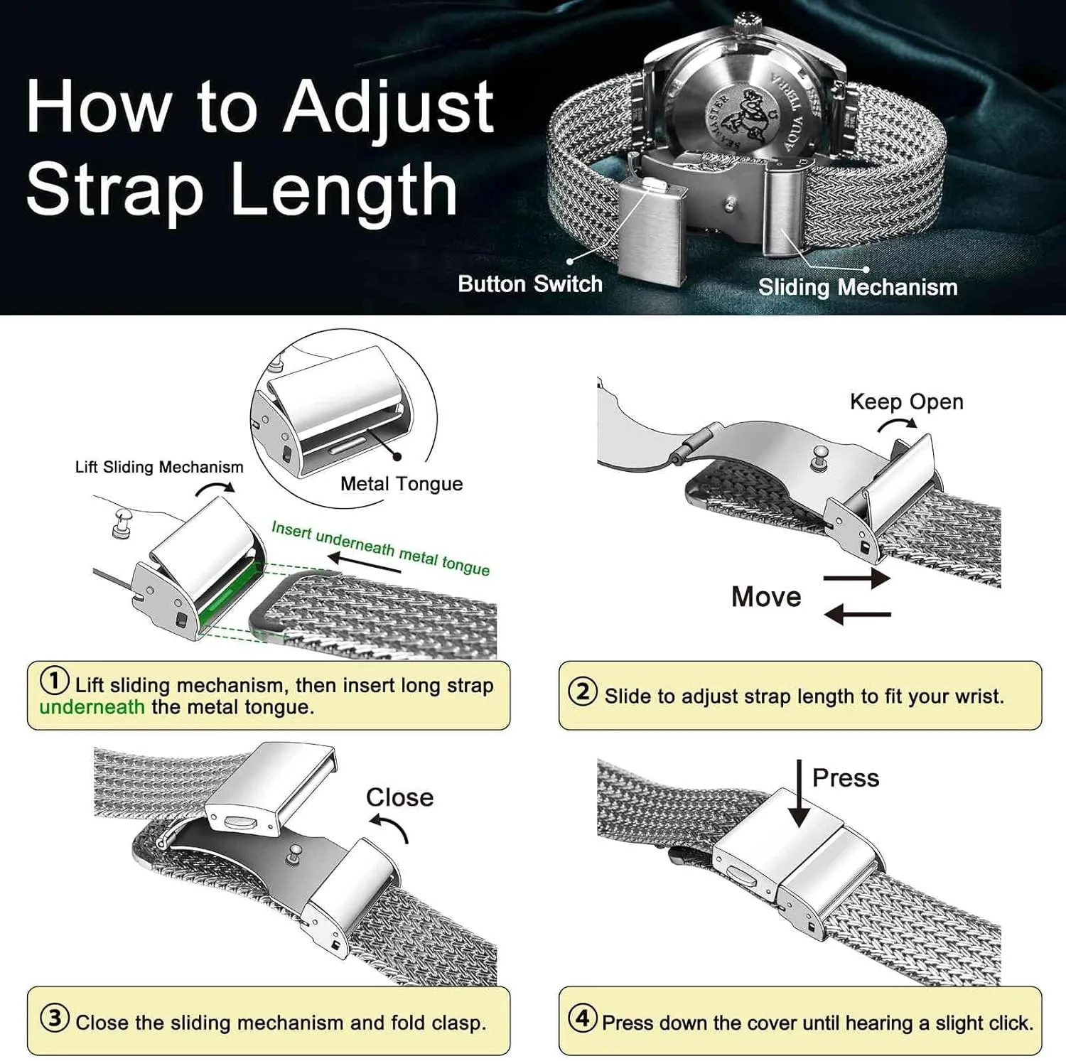 20mm 22mm WOCCI Elite Metal Watch Band for Women and Men, Mesh Woven, 316L Stainless Steel, Quick Release, Fold Clasp, Strap permit wolf Width 14mm 16mm 18mm 