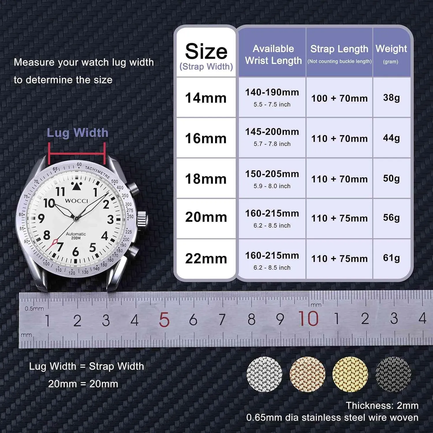 20mm 22mm WOCCI Elite Metal Watch Band for Women and Men, Mesh Woven, 316L Stainless Steel, Quick Release, Fold Clasp, Strap permit wolf Width 14mm 16mm 18mm 