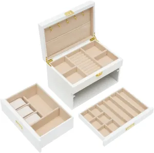 3 Layer Organizer with 5 hooks for Jewelries, Necklaces, Ring (3Tier White/11 * 7.5 * 7.1in) 3 Tier Plush Lining Jewelry Box for Women Vintage Style Storage Box with palimpsest spurge urbanization Hidden Handle 
