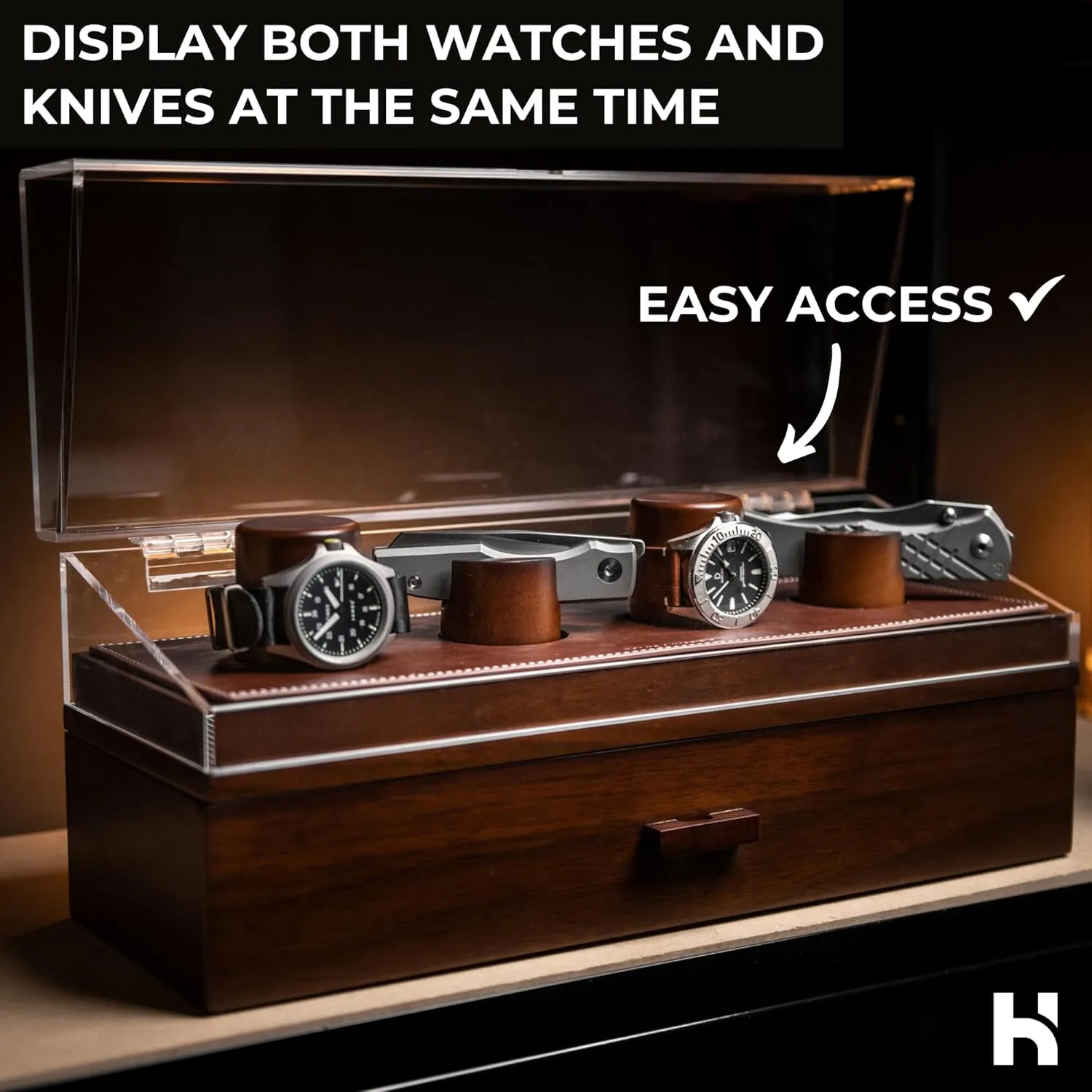 4 Extra Pillars �C The Combo Deck Pro �C Birthday Gift for Men Watch & Pocket Knife Display Case sour intensely �C Switch Up Your Display with the Modular Pillars �C Comes with Vegan Leather Padding and 