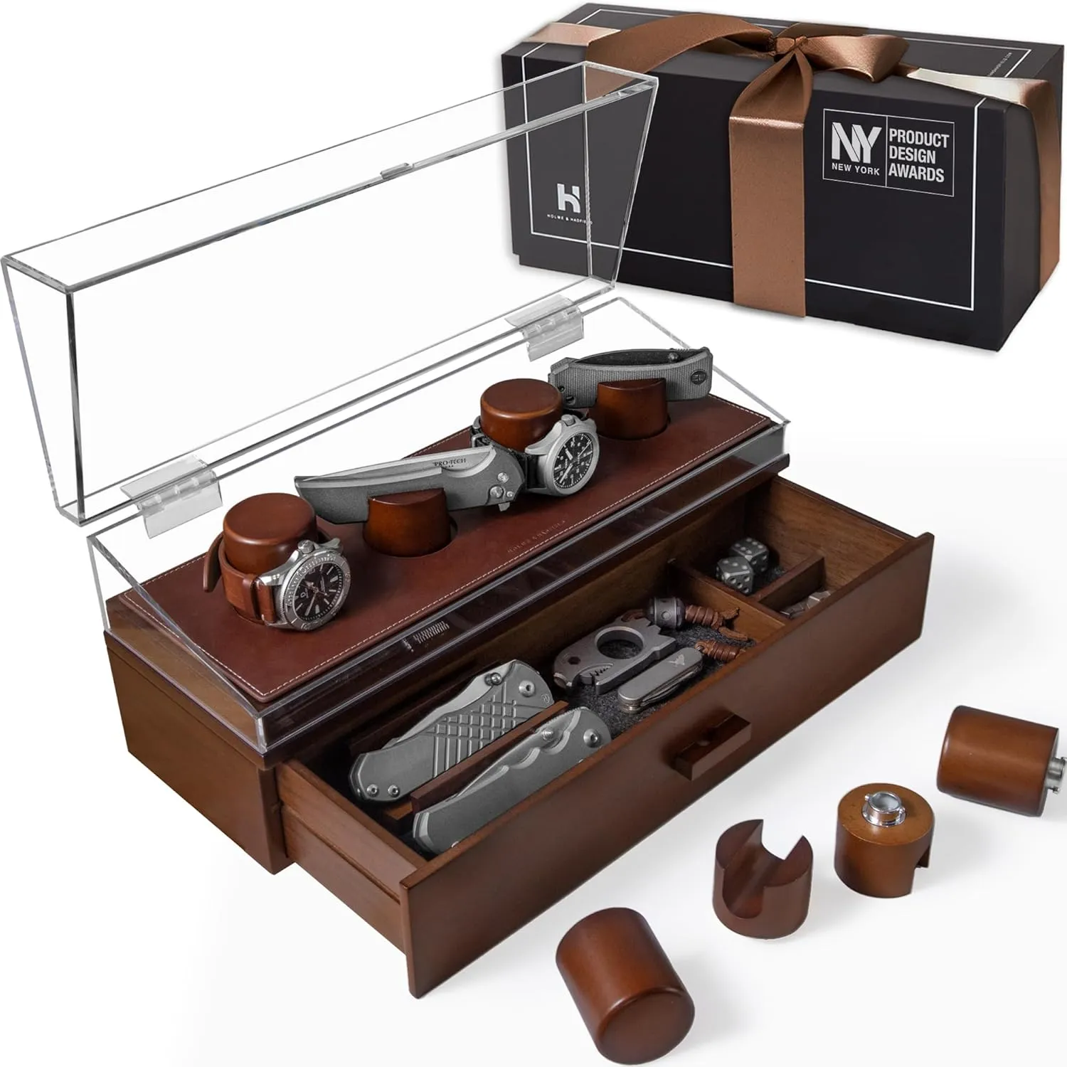 4 Extra Pillars �C The Combo Deck Pro �C Birthday Gift for Men Watch & Pocket Knife Display Case sour intensely �C Switch Up Your Display with the Modular Pillars �C Comes with Vegan Leather Padding and 