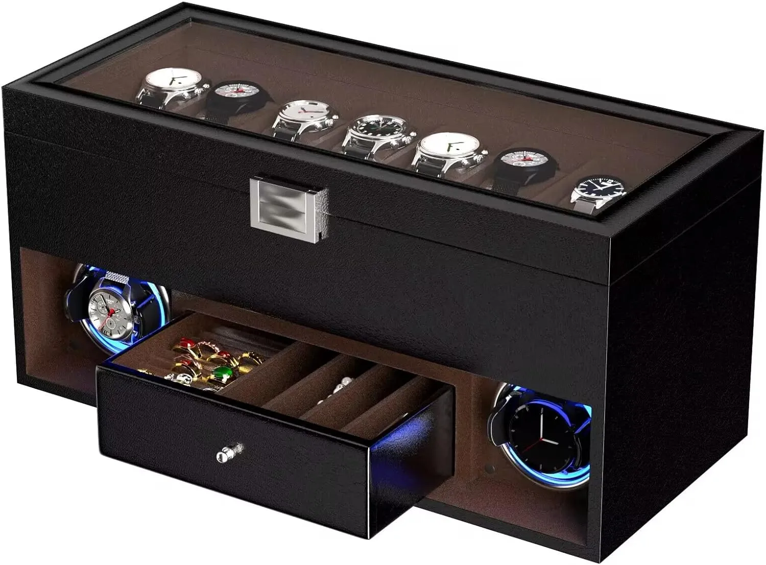 4 Rotation Mode, Adjustable Watch Pillow and Blue focal subtract alkaline LED Light for Watch Lover, Multifunctional Watch Box DUKWIN 16 Slot Watch Display Case with Watch Winding for 2, Watch Winder with 