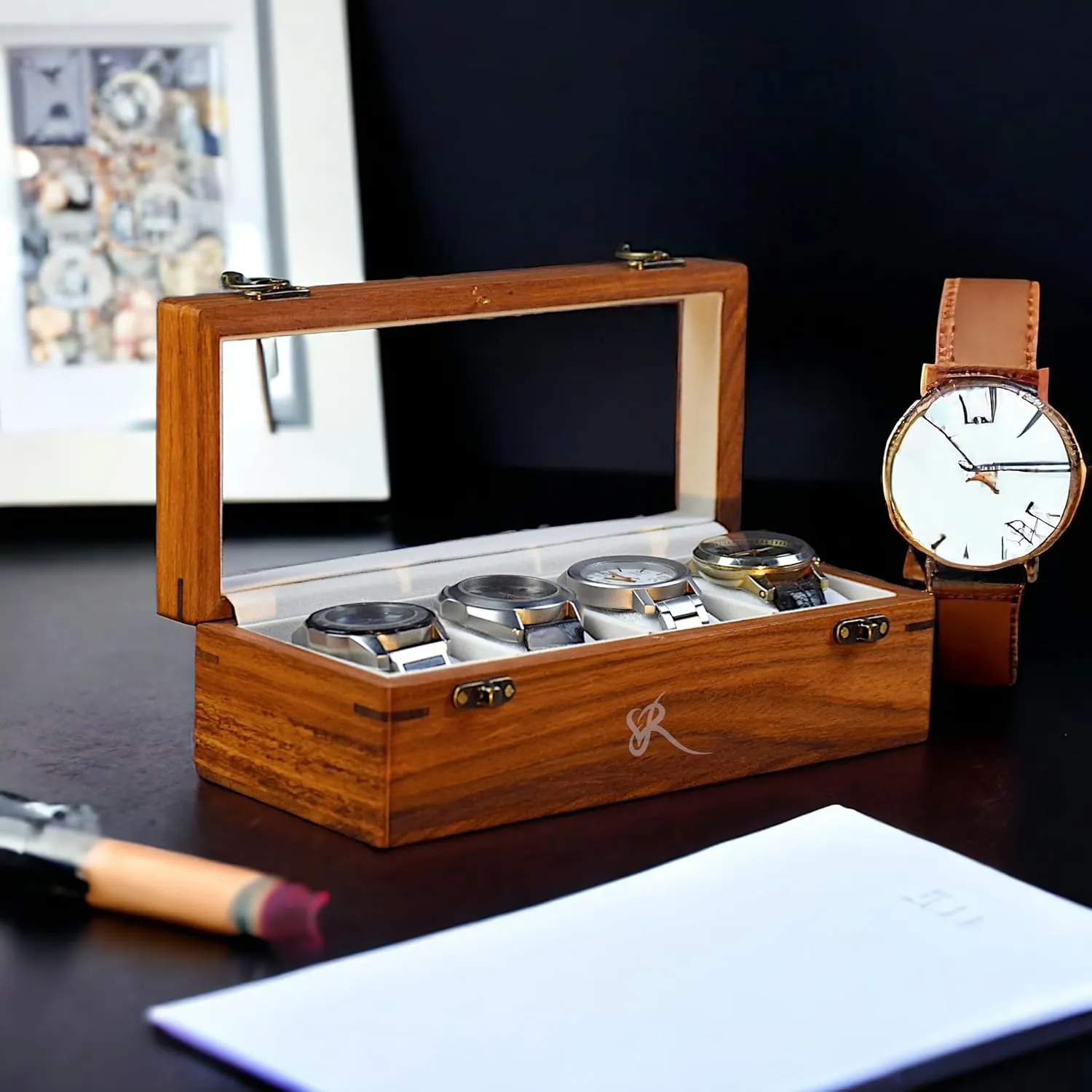 4 Slot Wooden Watch Box Organizer for Men ?C 4 Slot Watch Box for Men | Luxury linear Watch Case for Men | Wood Watch Box Unisex | Wood Glass Watch Box Case Organizer | Indian Rosewood Watch Boxes for Men 