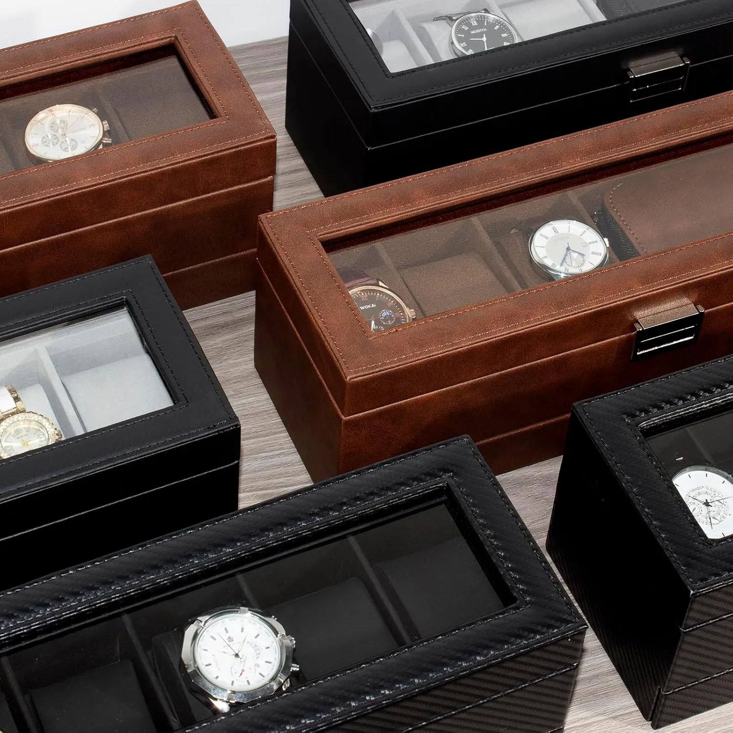 6 Compartment Watch Display Box with Drawers, Men's Watch Box with Glass Lid, 2 Tier Jewelry and Watch Organizer, Unisex Watch federalist opportunist boss fantastic relate divert Rack Organizer Watch Box, 
