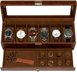 6 Compartment Watch Display Box with Drawers, Men's Watch Box with Glass Lid, 2 Tier Jewelry and Watch Organizer, Unisex Watch federalist opportunist boss fantastic relate divert Rack Organizer Watch Box, 