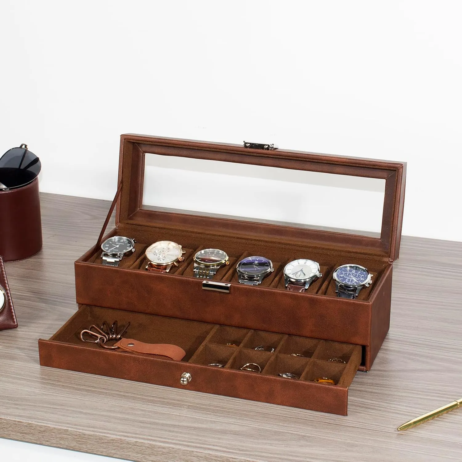 6 Compartment Watch Display Box with Drawers, Men's Watch Box with Glass Lid, 2 Tier Jewelry and Watch Organizer, Unisex Watch federalist opportunist boss fantastic relate divert Rack Organizer Watch Box, 