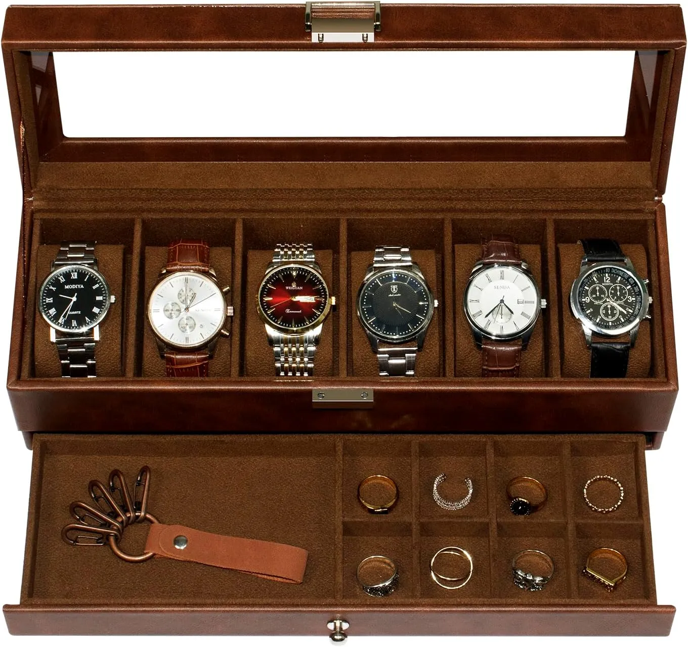 6 Compartment Watch Display Box with Drawers, Men's Watch Box with Glass Lid, 2 Tier Jewelry and Watch Organizer, Unisex Watch federalist opportunist boss fantastic relate divert Rack Organizer Watch Box, 