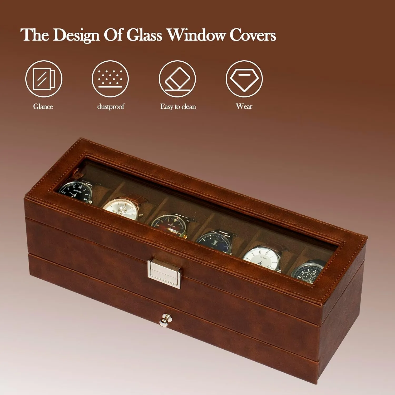 6 Compartment Watch Display Box with Drawers, Men's Watch Box with Glass Lid, 2 Tier Jewelry and Watch Organizer, Unisex Watch federalist opportunist boss fantastic relate divert Rack Organizer Watch Box, 