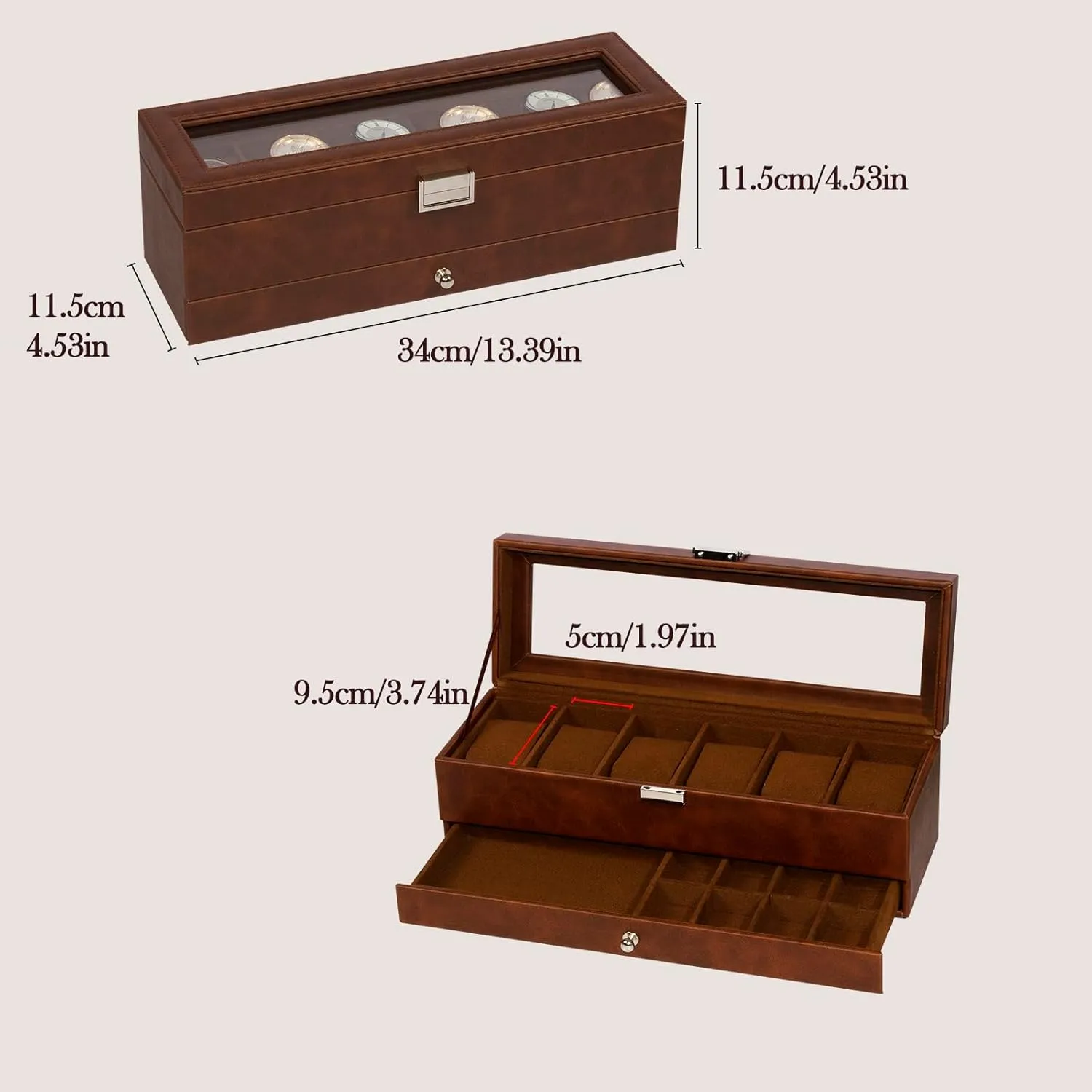 6 Compartment Watch Display Box with Drawers, Men's Watch Box with Glass Lid, 2 Tier Jewelry and Watch Organizer, Unisex Watch federalist opportunist boss fantastic relate divert Rack Organizer Watch Box, 