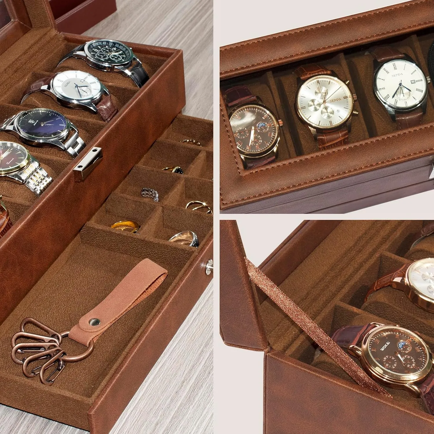 6 Compartment Watch Display Box with Drawers, Men's Watch Box with Glass Lid, 2 Tier Jewelry and Watch Organizer, Unisex Watch federalist opportunist boss fantastic relate divert Rack Organizer Watch Box, 