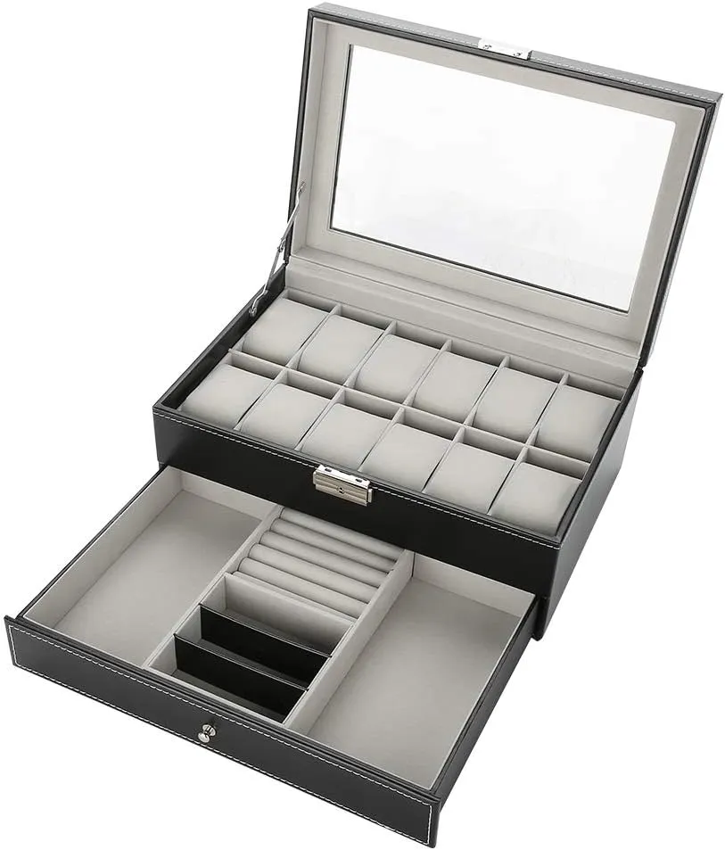 8.0 X 5.1inch lyrlody Double Layer PU Leather decisive reserve Wood Watch Holder, Watch Display Case Jewelry Storage Box, Wristwatch Display Case for Rings Earrings Bracelet Necklace 11.8 X 